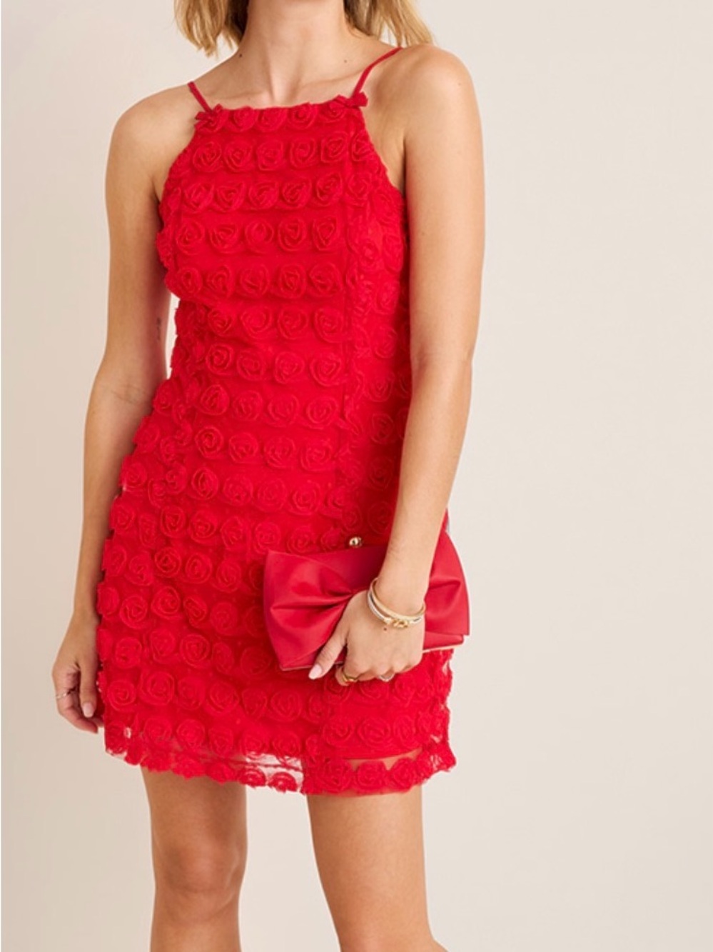 Francesca's Collections Red Rosette Spaghetti Strap Dress